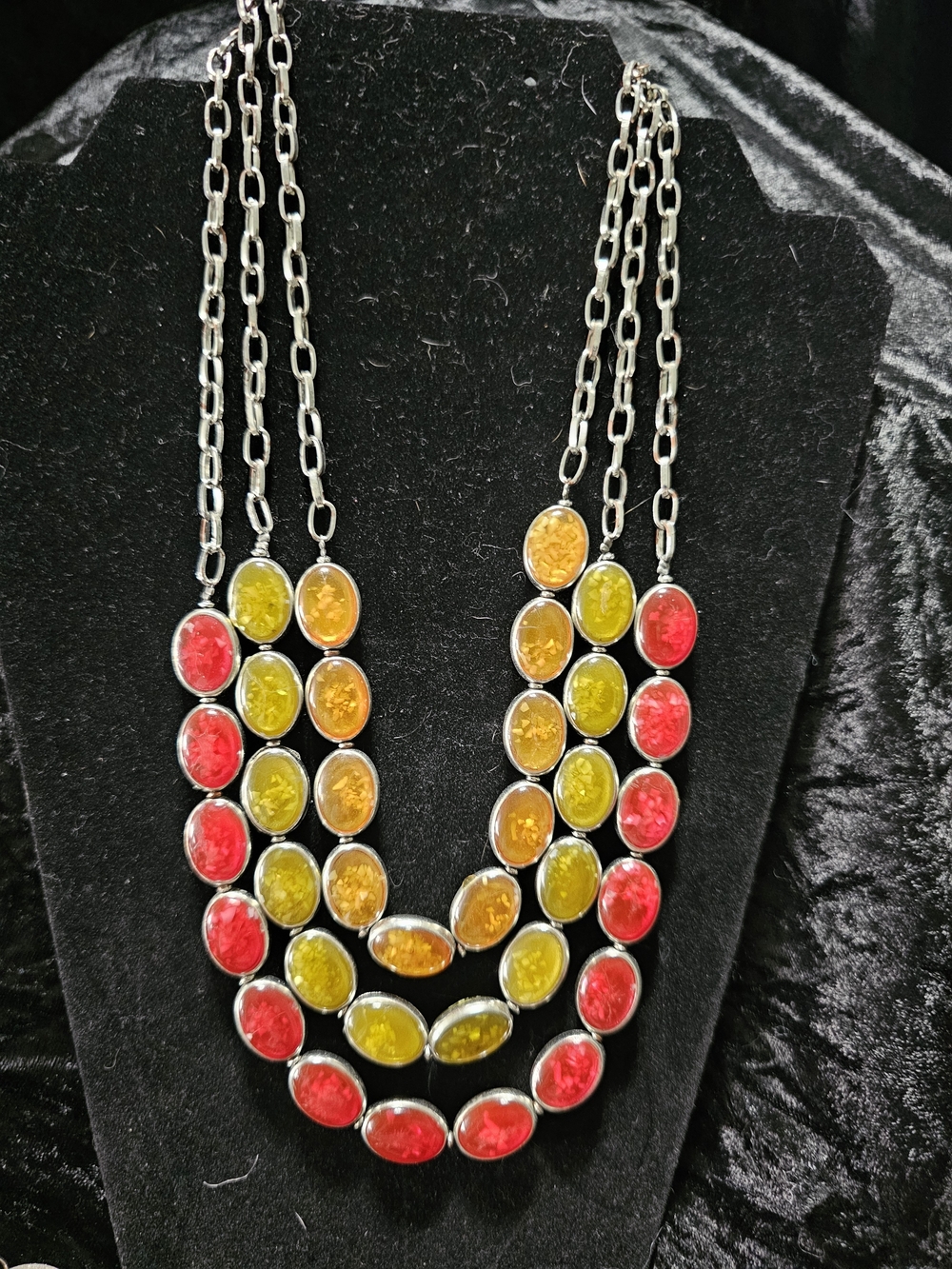 Triple-Strand Red and Yellow Statement Necklace size 18 with extender
